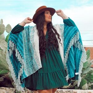 Anthropologie Soft Gray and Blue Knit Poncho Shawl